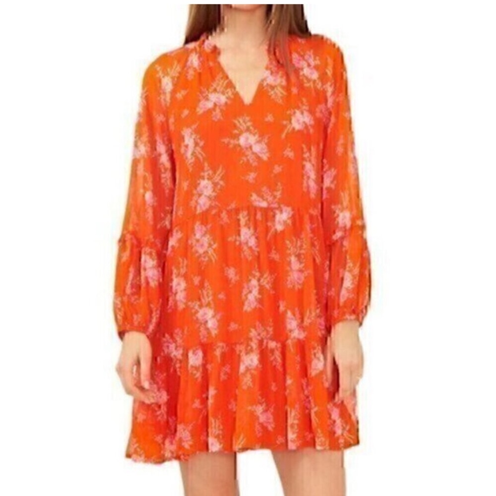 VINCE CAMUTO Floral Print Long Sleeve Split V-Neck Tiered Shift Dress Orange XXL